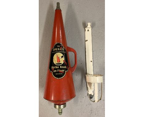A vintage Minimax cone shaped fire extinguisher complete with wall hanging bracket.  Approx. 75cm long.