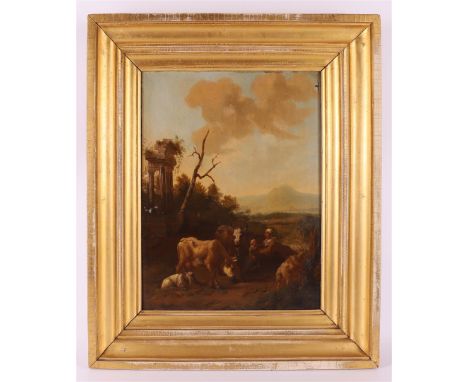 Foreign school 19th century "Woman with child and cattle in landscape", unclearly signed 'D. Nillema', oil paint/panel, h 39 