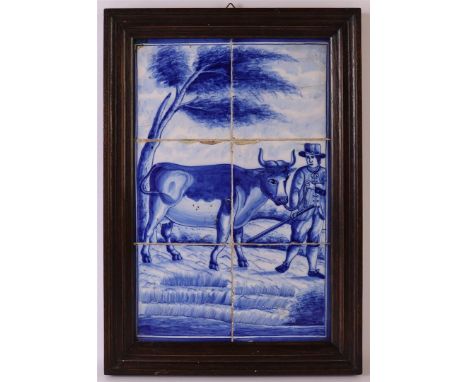 A six-step blue under-glaze decorated earthenware tile tableau, farmer with cow, 1st half of the 19th century, h 83 x w 25 cm