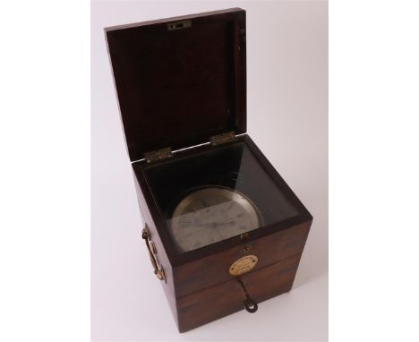 A naval chronometer in mahogany case, England around 1900. Marked: CharlesFrodsham 84 Strand London, no 3542, h 19 x w 17 x d