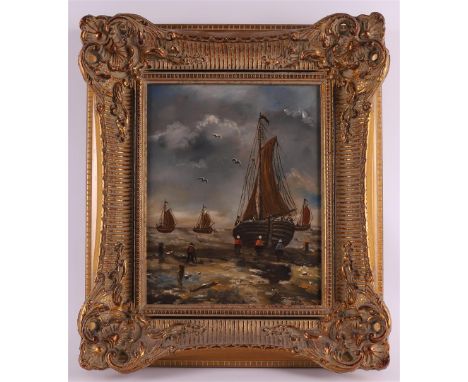 Bax (Dutch school, 20th century) "Botter with figures on the beach", after the Hague school, signed right side 'Bax', oil pai
