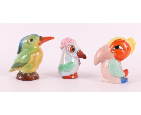 Three various polychrome porcelain Art Deco spreaders in the shape of birds, ca. 1930, to. 3x.