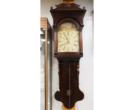 A Groningen model tail clock or mayor clock with moon indication, Holland ca. 1830. Mahogany veneered case, double hood with 