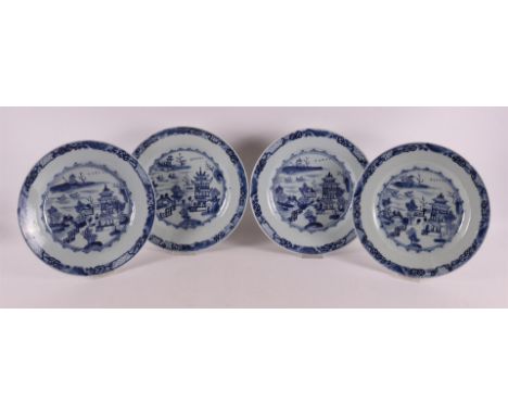 A series of four blue and white porcelain plates, China, Qianlong, 18th century. Blue underglaze decoration of a pagoda in a 