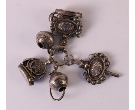 Various second grade 835/1000 silver cachets and watch key, 19th century.