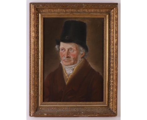 European/Dutch school 19th century "Portrait of a man with a top hat", pastel/paper, h 40 x w 30 cm.