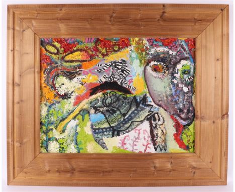 Schoemaker, R. (Ruud) (Vlaardingen 1959) "Party beast", 2001, signed verso, oil paint/canvas, h 65 x w 80 cm.