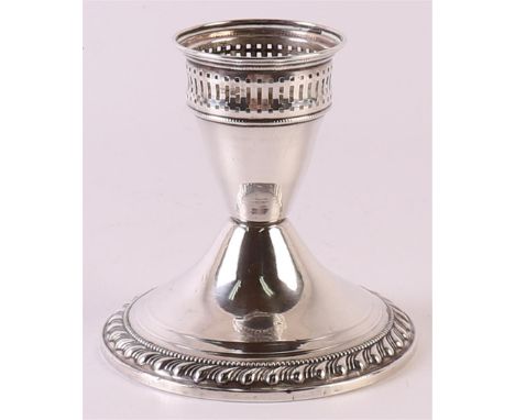 A first grade 925/1000 silver 1-light candlestick with gallery and weighted base. Gross weight 164 grams.