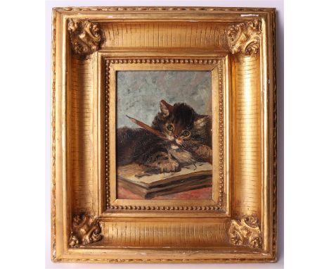Ronner-Knip, Henriëtte (in the manner of) "Kitten with pencil and book", ca. 1900. Not signed, oil paint/panel, h 21 x w 16 c