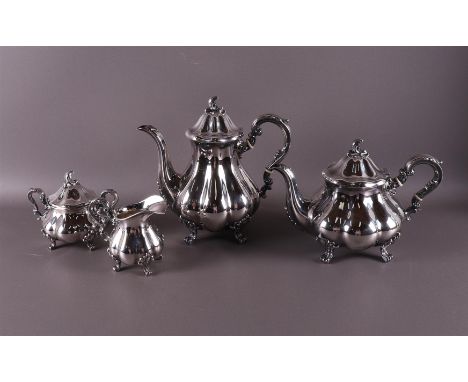 A 1st grade 925/1000 silver baroque model tea service, consisting of; tea pot, coffee pot, sugar lid pot and milk jug, maker'