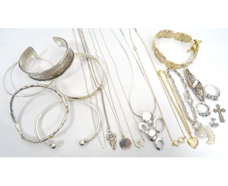 GOOD SELECTION OF SILVER JEWELLERYincluding bangles and bracelets; an emerald, sapphire and ruby set earring; a gem set ring;