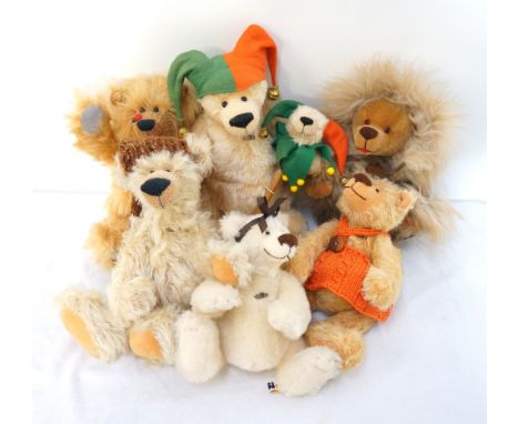 SIX STEINER PLUSH TEDDY BEARSall with articulated joints, including a Jester with staff, one with fur lined cape, and another