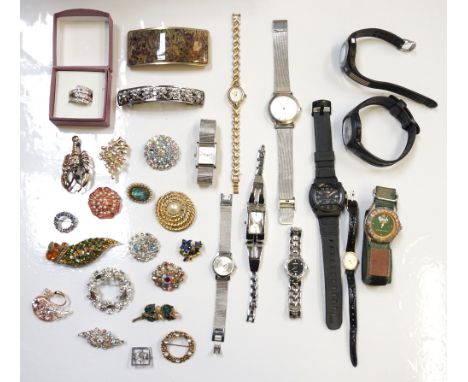 SELECTION OF COSTUME JEWELLERY AND WATCHEScomprising various crystal set brooches and a boxed ring, the watch makes including