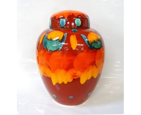 LARGE POOLE POTTERY LIDDED GINGER JARin Volaco pattern, 32cm high