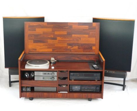 1980's ROSEWOOD HI-FI CABINETwith lift up and over door, revealing a fitted interior with Technics Quartz SP-15 turntable, a 