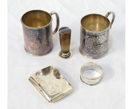 EDWARD VII SILVER CIGARETTE CASE Chester 1905, and a George V silver napkin ring, Chester 1912, together with two silver plat