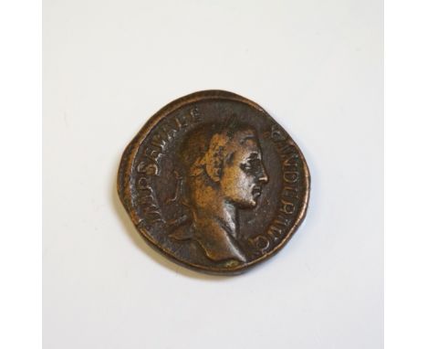 ANCIENT ROMESeverus Alexander (A.D.222-235) sestertius, the reverse showing Virtus standing holding spear