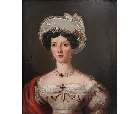 A 19th century miniature oil on board, portrait of a lady, in a gilt gesso frame. H.25 W.21cm