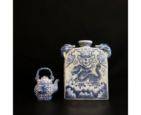 Two 20th century pieces of Chinese blue and white porcelain to include a Yuan style square moon flask with moulded dragon's h