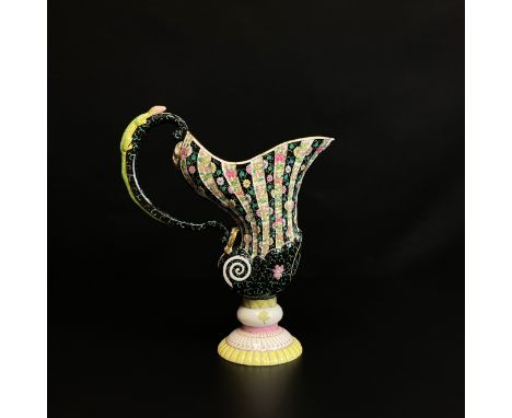 A 1960's Herend porcelain hand painted Black Dynasty water pitcher with a lizard handle and maker's marks in underglaze blue 