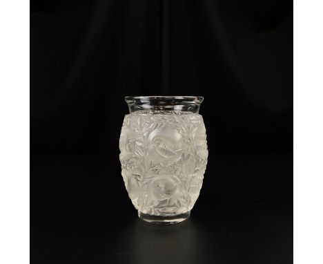 A 20th century clear and frosted glass Bagatelle vase decorated in relief with birds in foliate borders by Lalique France wit