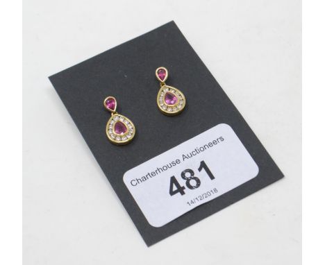 A pair of 18ct gold, ruby and diamond drop earrings 