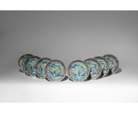 A SET OF EIGHT JAPANESE POLYCHROME ENAMEL DISHES EDO PERIOD, 18TH OR 19TH CENTURY All with a gilt rim and decorated with the 