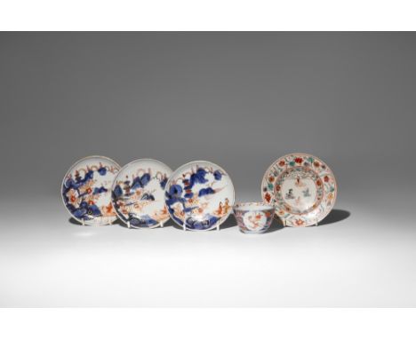 A SMALL COLLECTION OF PORCELAIN PIECES 17TH AND 18TH CENTURY Comprising: three Chinese Imari saucers and a tea cup, decorated