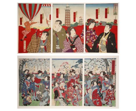 UTAGAWA TOYOSAI (1848-1920) CHIKANOBU YOSHU (1838-1912) MEIJI PERIOD, C.1891 Two Japanese woodblock prints triptychs, the fir