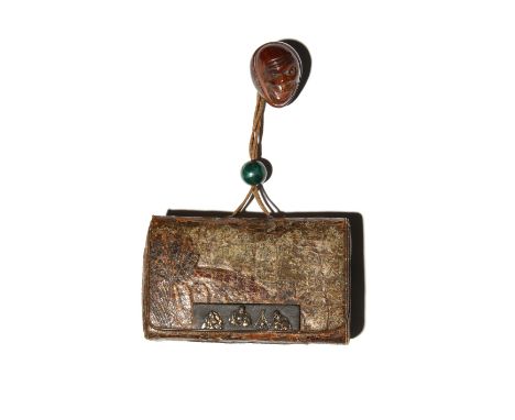 A JAPANESE DOUBLE-SIDED LEATHER TABAKO-IRE (TOBACCO POUCH) EDO OR MEIJI, 19TH CENTURY Of rounded rectangular form and with a 