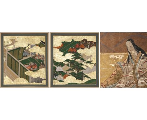 ANONYMOUS, TOSA SCHOOL EDO PERIOD, 17TH CENTURY OR LATER Two Japanese album leaves depicting scenes from the Genji Monogatari