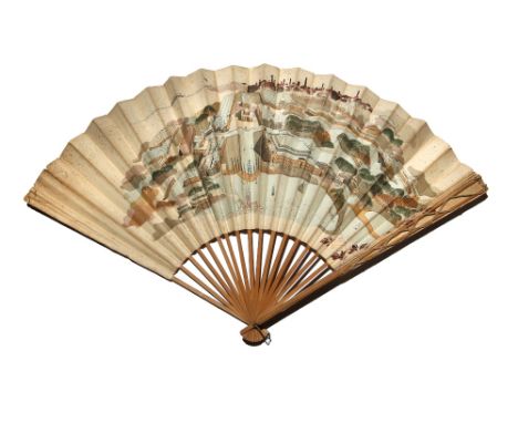 A JAPANESE COMMEMORATIVE FOLDING FAN MEIJI PERIOD, 1893 Made of paper, bamboo sticks, and a brass loop handle, printed to the