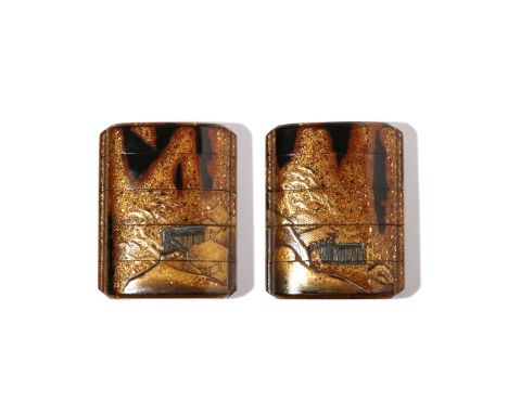 A SMALL JAPANESE FOUR-CASE GOLD AND BLACK LACQUER INRO EDO OR MEIJI, 19TH CENTURY Decorated with a continuous design of thatc