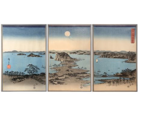 UTAGAWA HIROSHIGE I (1797-1858) TAISHO OR LATER, 20TH CENTURY A Japanese woodblock print triptych entitled Buyo Kanazawa hass