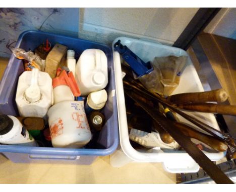 Two boxes of mixed tools and garden sprays