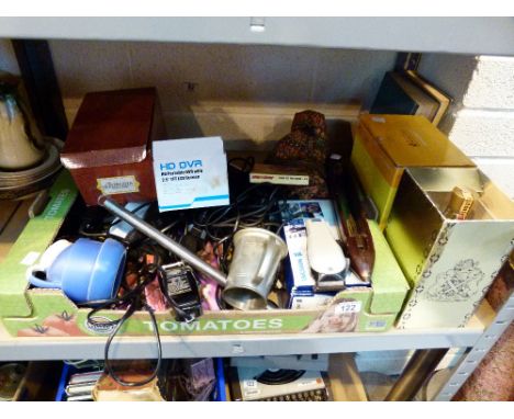 Tray of mixed items including hairdressing equipment, vintage postcards and a cine film