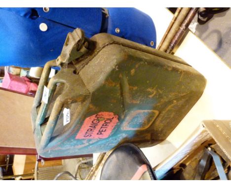 Two vintage sledge hammers and a metal jerry can