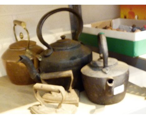 Two metal teapots , 1 copper tea pot and two vintage irons