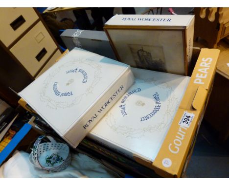 Two boxes of Royal Worcester plates and brass