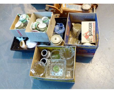 Five boxes of assorted ceramics and glass including Oriental lithopane tea service