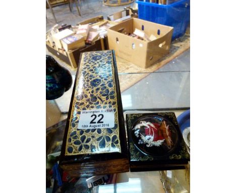 Papier mache trinket box with Oriental ceramic tile to top plus one other papier mache example