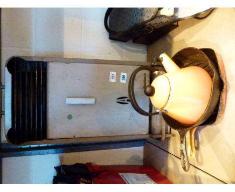 Vintage Aladinique heater and three pieces of cast iron cookware including Le Creuset