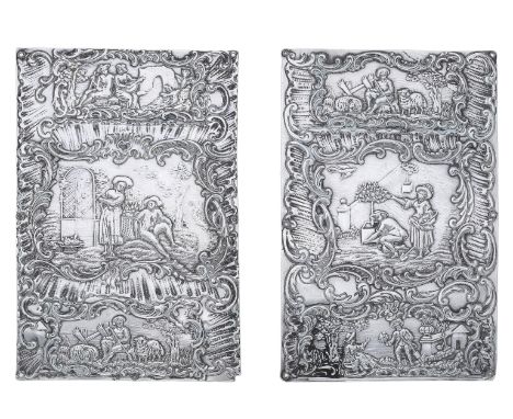 A pair of Dutch silver repoussé panels, late 19th century, each reserving three panels of gardeners at work, within borders o