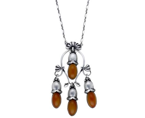 A silver and amber pendant, design No. 44, by Georg Jensen, 1915-1927, of chandelier design, suspending a series of buds each