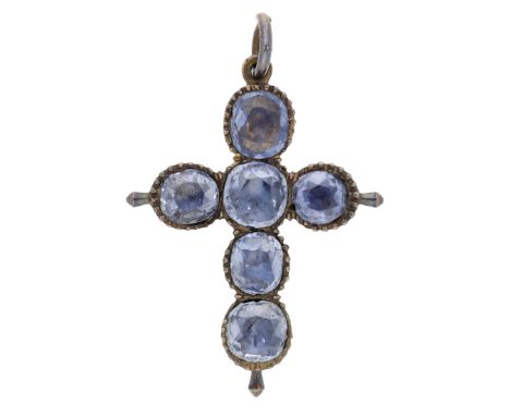 An early 19th century sapphire cross pendant, the Latin cross composed of six mixed-cut sapphires in closed-back settings, mo