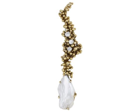 An 18ct gold freshwater pearl and diamond brooch by Andrew Grima, 1963, of abstract form, the gold surmount composed of stagg