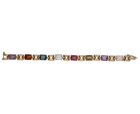 A gem-set bracelet, the polished domed brick-link bracelet spaced by rectangular step-cut gemstones, including amethyst, citr