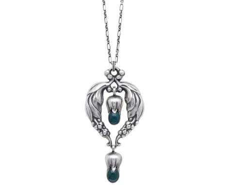A silver and chrysoprase pendant, design No. 31, by Georg Jensen, 1933-1944, the foliate frame suspending a chrysoprase drop 