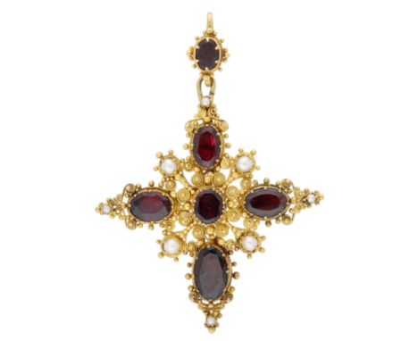 A garnet and seed pearl cross pendant, circa 1830, the oval-cut garnets spaced by seed pearls, with cannetille decoration thr