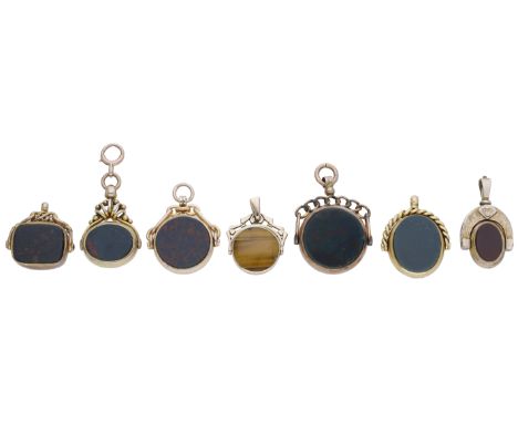 A collection of swivel fob seals, comprising six antique examples set with bloodstone and carnelian, together with a later ex